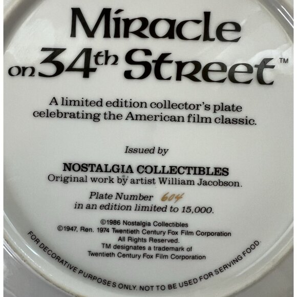 1986 Limited Edition Miracle On 34Th Street Nostalgia Collectibles Plate - Picture 3 of 3